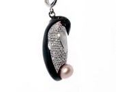 Penguin necklace, black diamond, fresh water Pearl, White sapphire, pink sapphire, Sterling silver, diamond pendant