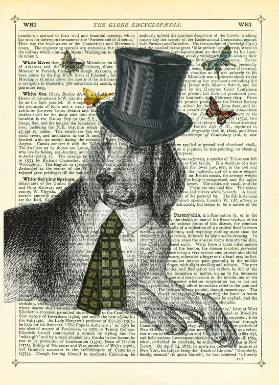 Dog Art Print Dictionary Art Print Vintage Upcycled Book Page Collage Book Art
