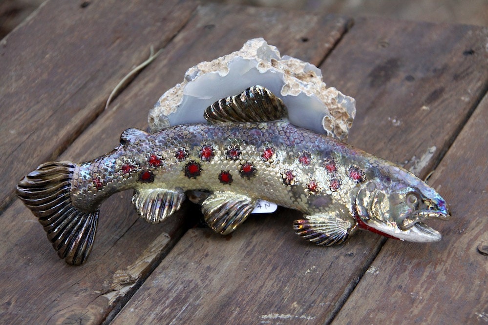 Raku Brown Trout. Very Realistic. Wall hanging or prop on a shelf. Ceramic, Pottery