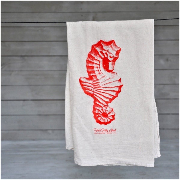 Seahorse Flour Sack Tea Towel, Red Sea Horse --Screen Printed Natural Cotton -- Soft, Lint Free, Awesome.