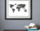 World Word Map - A Black and White Typographic Map of the Countries of the World.