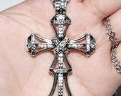 Vintage/Gothic/Victorian Antique Silver/Clear Genuine Swarovski Crystal 2.6" Cross Necklace/Pendant