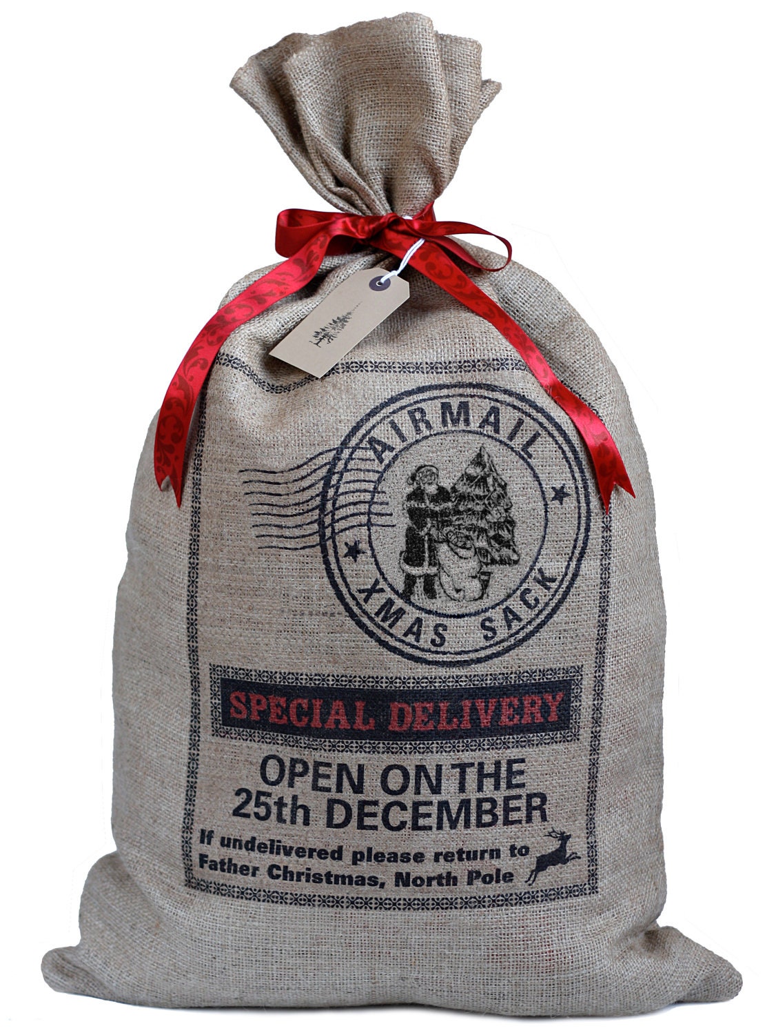 Hessian Christmas sack, santa and tree design stocking with red ribbon tie and gift tag