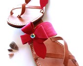 Handmade Leather sandals-Leather Hot Pink Flower with Colorful Swarovski