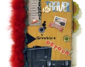 Travel Journal Smash Book (Altered Hard Notebook) Travel Diary - Mixed Media Handmade (Gold / Red / Blue) Mother's Day Gift