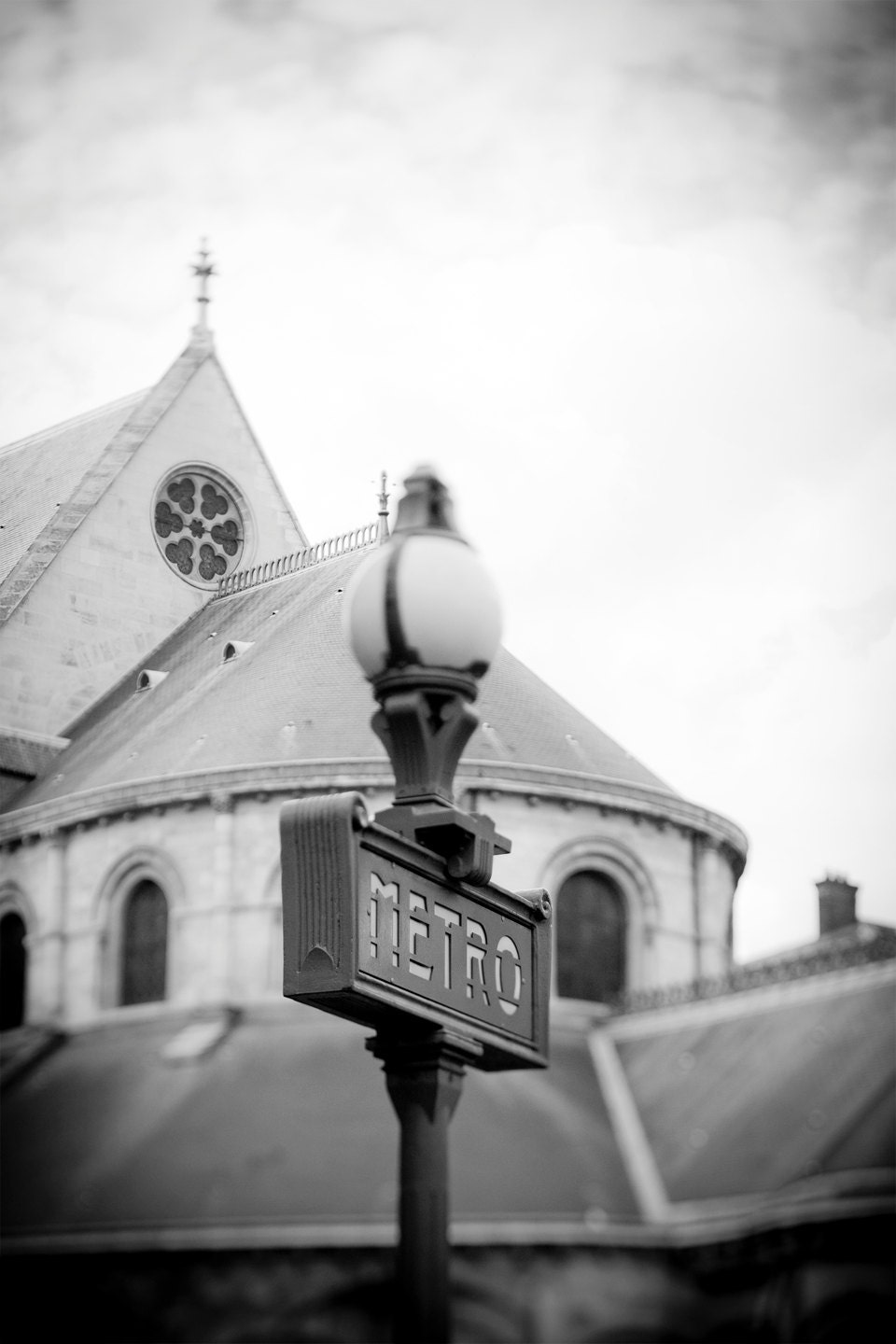 Street Scenes:  Paris Metro and Cathedral - black and white - home decor - contrasty - moody - europe - paris - fine art photography