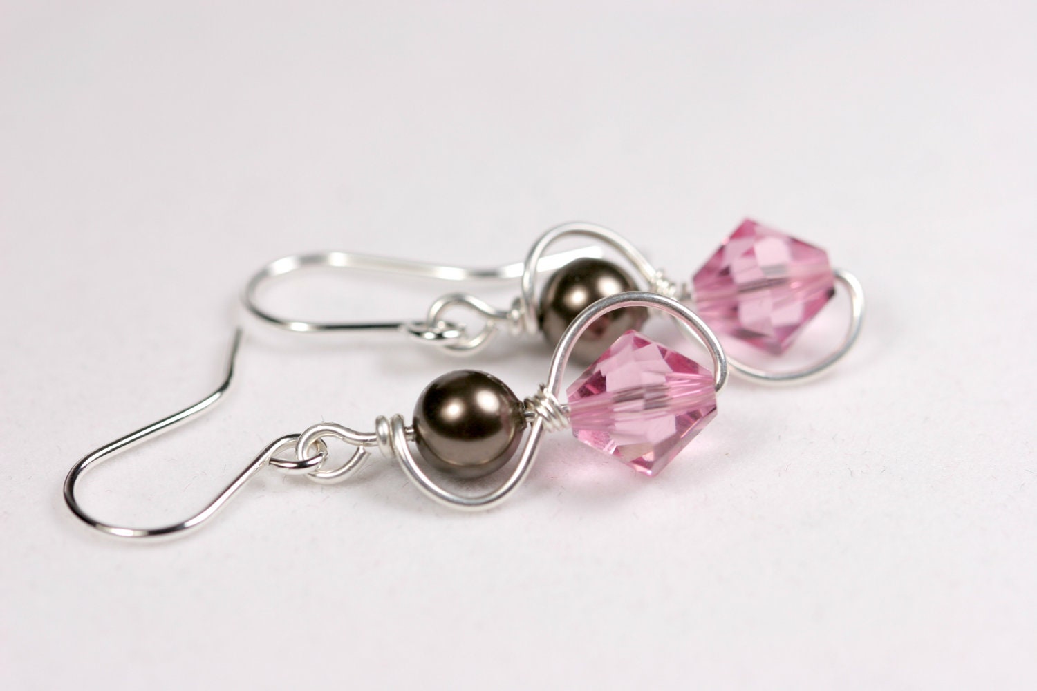 Pink Swarovski Crystal Earrings Wire Wrapped Jewelry Handmade Sterling Silver Jewelry Handmade Brown Pearl Earrings Swarovski Crystal Jewelr