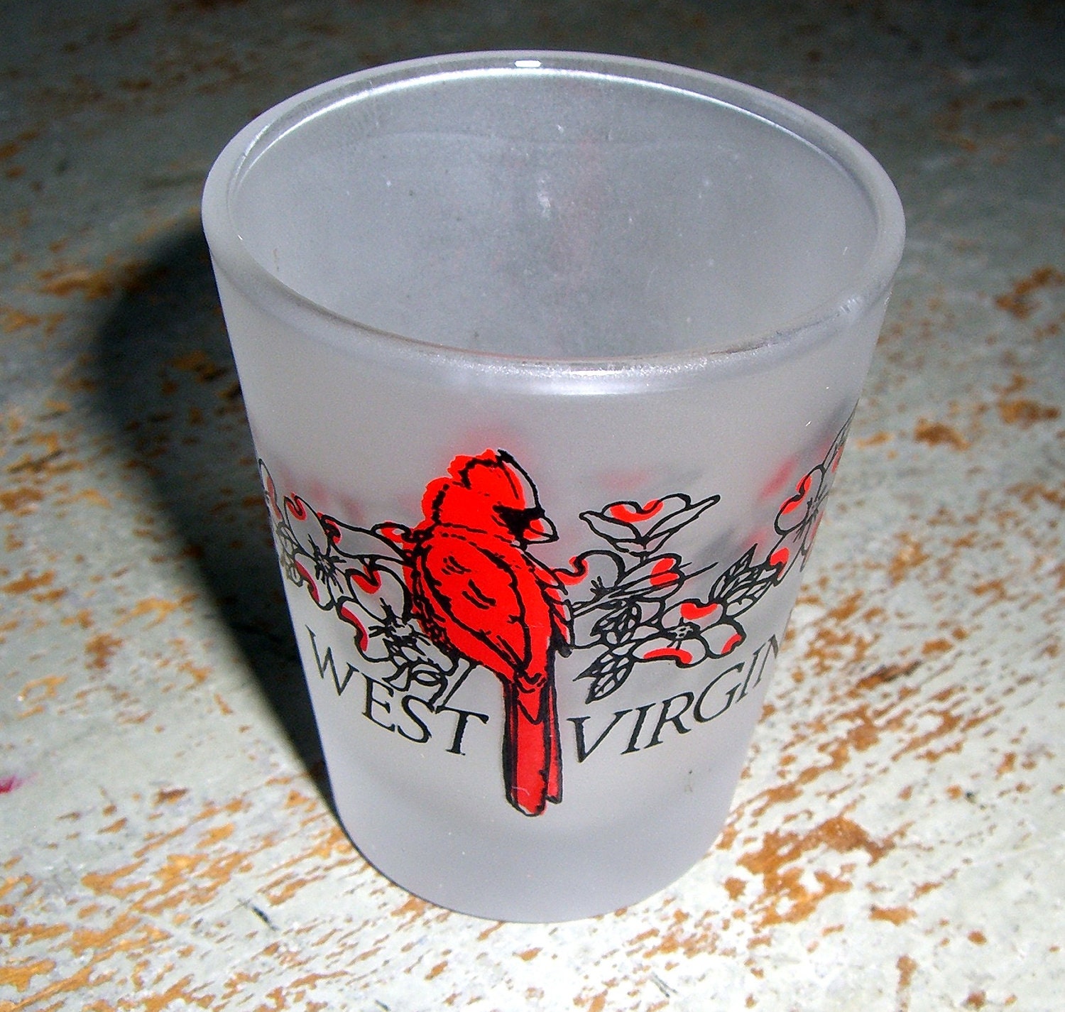 Vintage Shot Glass, West Virginia, Souvenir Shot Glass, Red,  Cardinal, Bar Ware