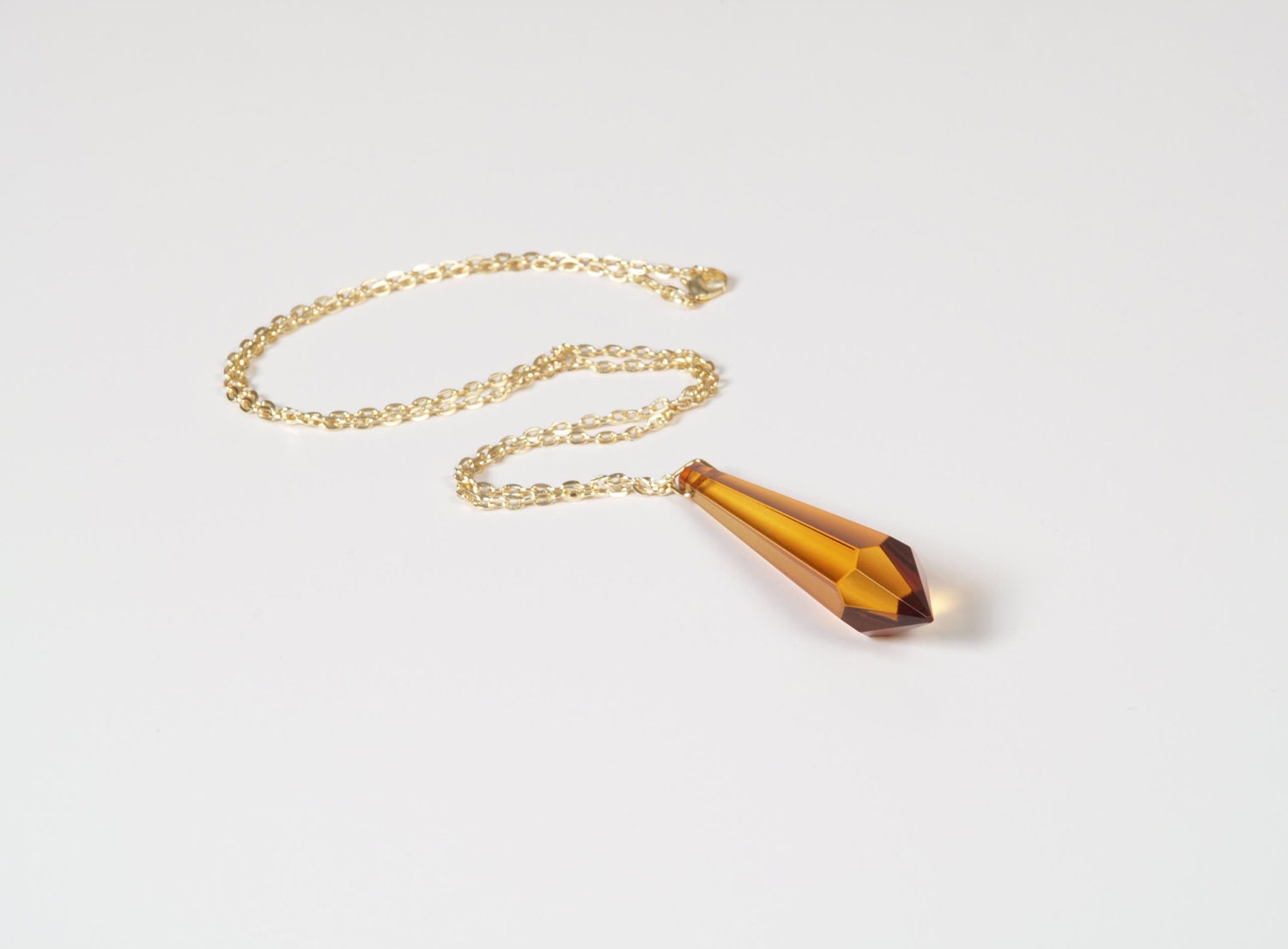 Gold Crystal Pendant Necklace w/ Gold Color Chain Spear Cut