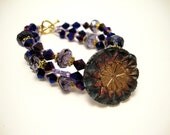 Purple and Blue Crystal Bracelet, Hand Painted Antique Button Bracelet, Gold Heart Clasp