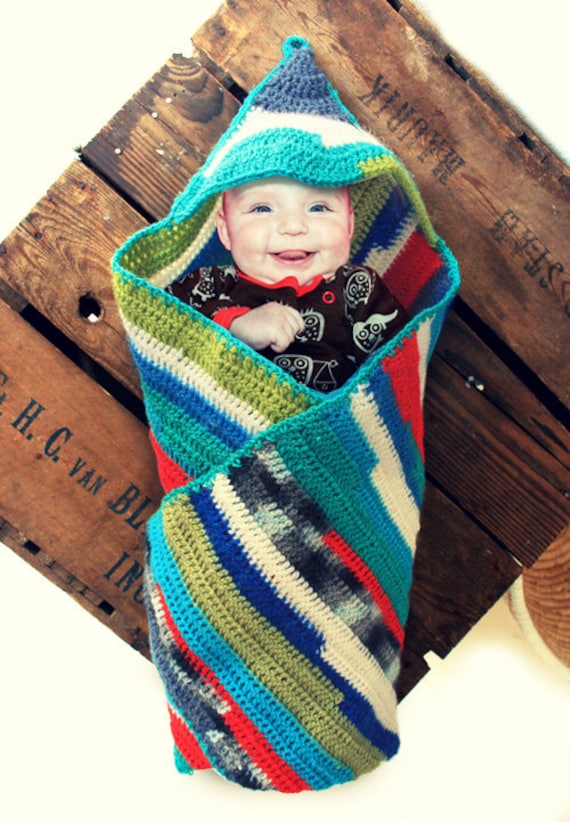 Crocheted hooded striped baby blanket