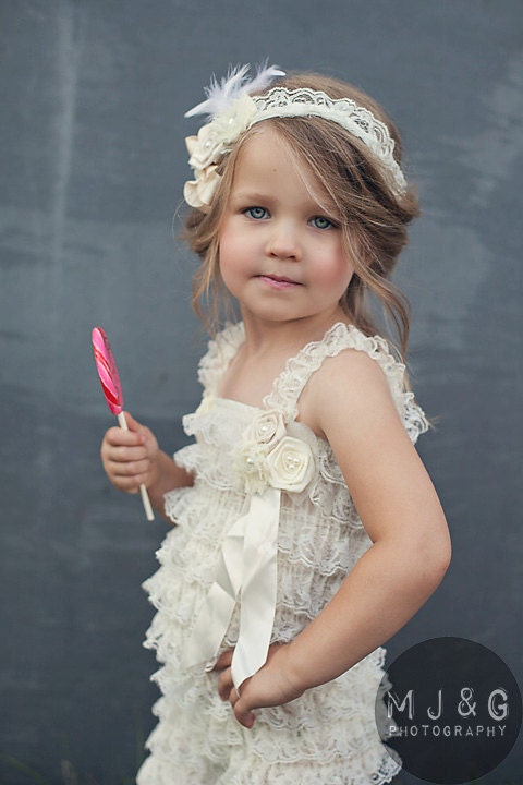 Children Clothing - Ivory Lace Romper - Chiffon & Rosette Flowers