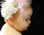 Baby Headband, Flower Headband, Photo Prop, Toddler Headband, Feather Headband, White Chiffon Flower Headband.