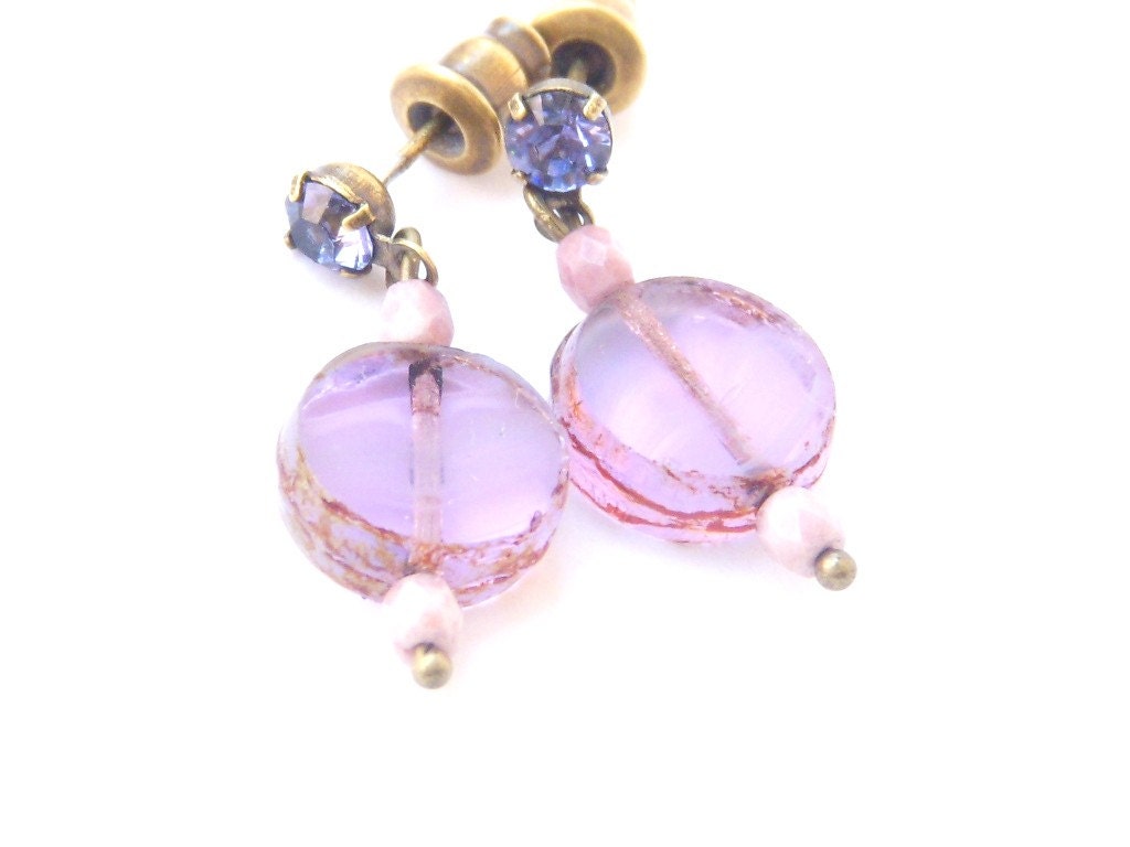 Post Dangle Earrings, Lilac Lavender Bead, Small Dangle Earring, Antiqued Brass, Swarovski Amethyst Crystal, Vintage Style, Beadwork