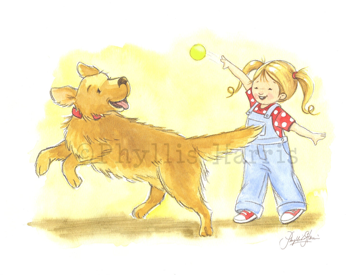 Children's Wall Art Print - Playing Fetch - Golden retriever and little girl