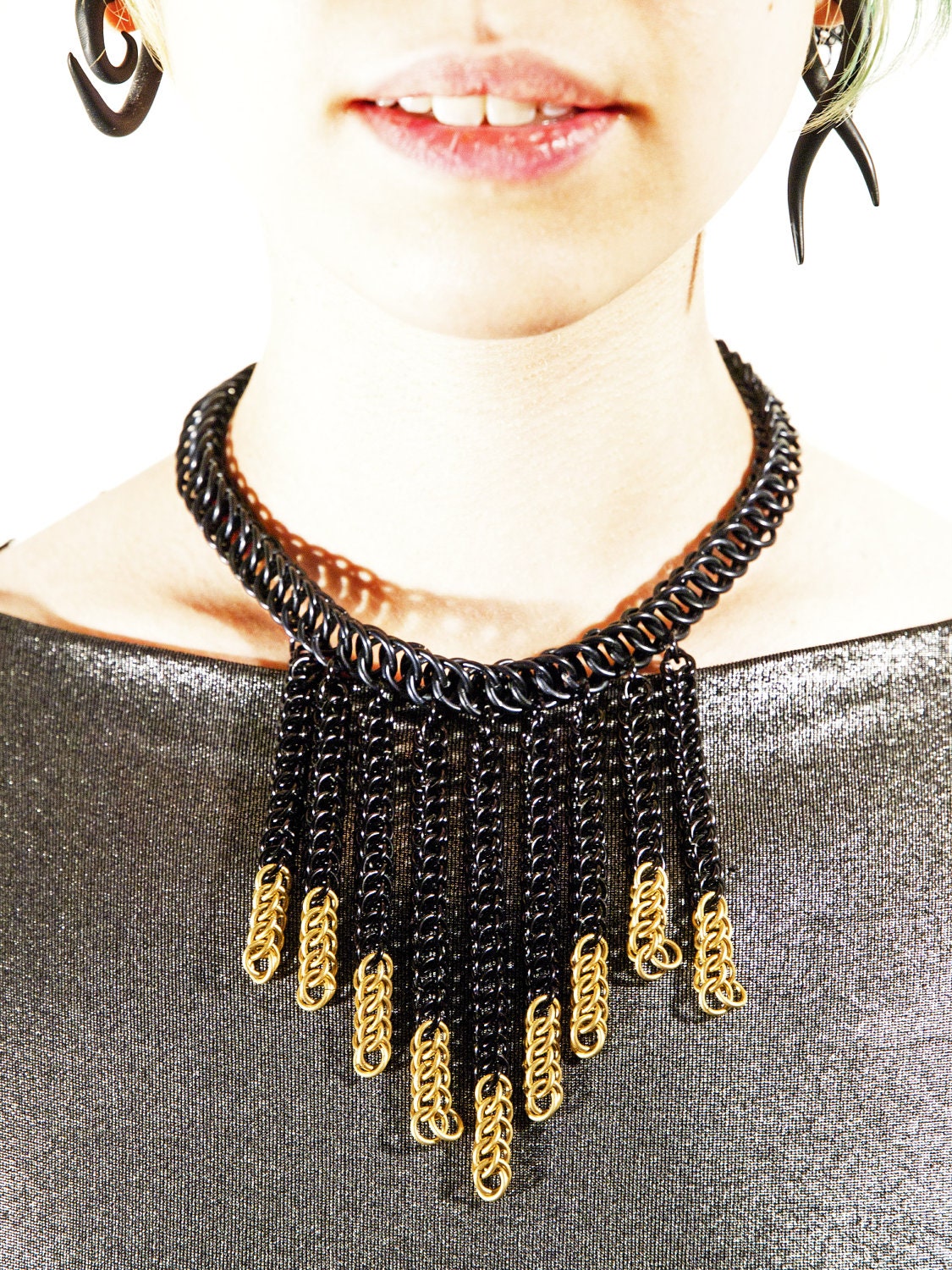 Black Chainmaille Fringe dipped in Brass Necklace