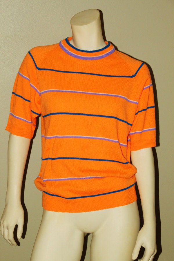 Neon Orange Bertano Striped Short Sleeve Sweater