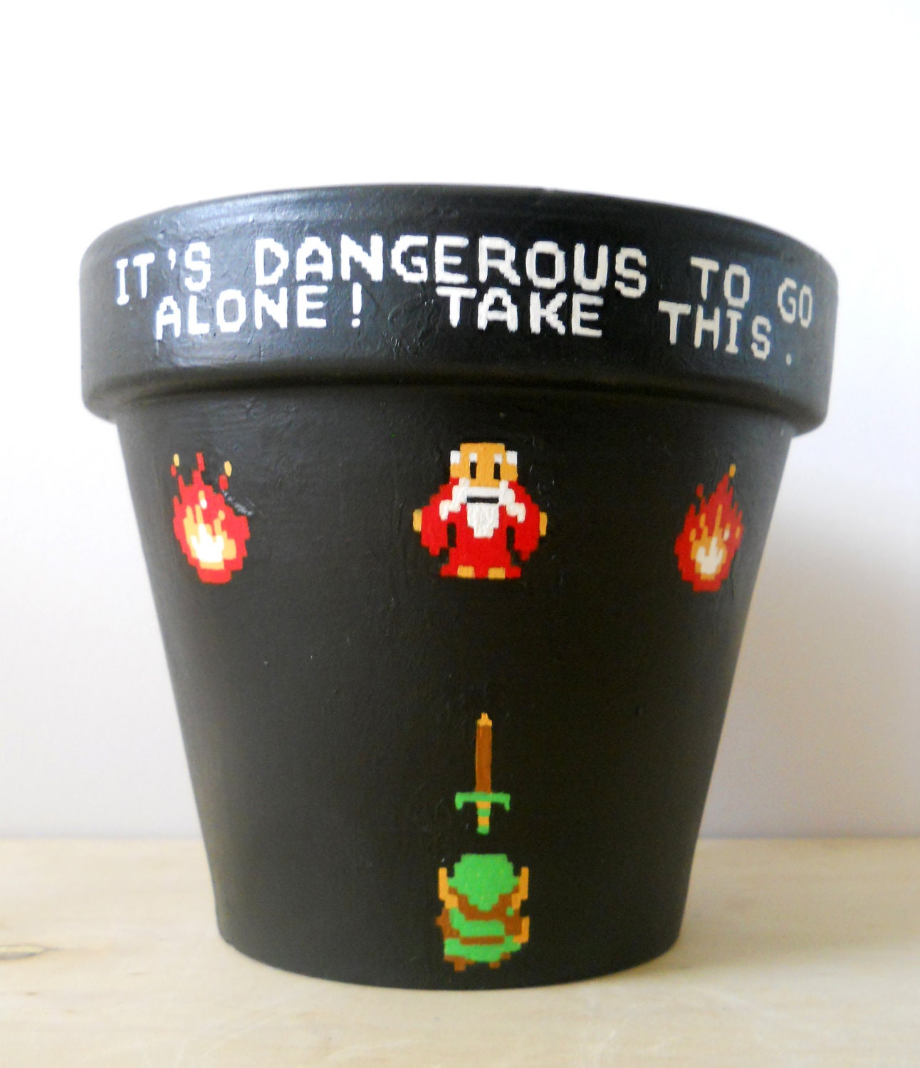 Legend of Zelda Painted Flower Pot -It's Dangerous to Go Alone NIntendo NES