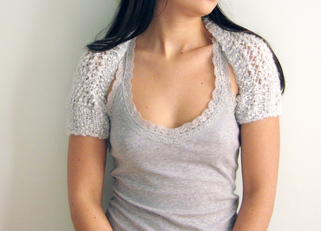 Women shrug in white and grey - knit bolero - medium size