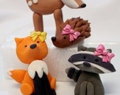 Custom order Fondant edible Woodland deer, fox, raccoon, porcupine with bows