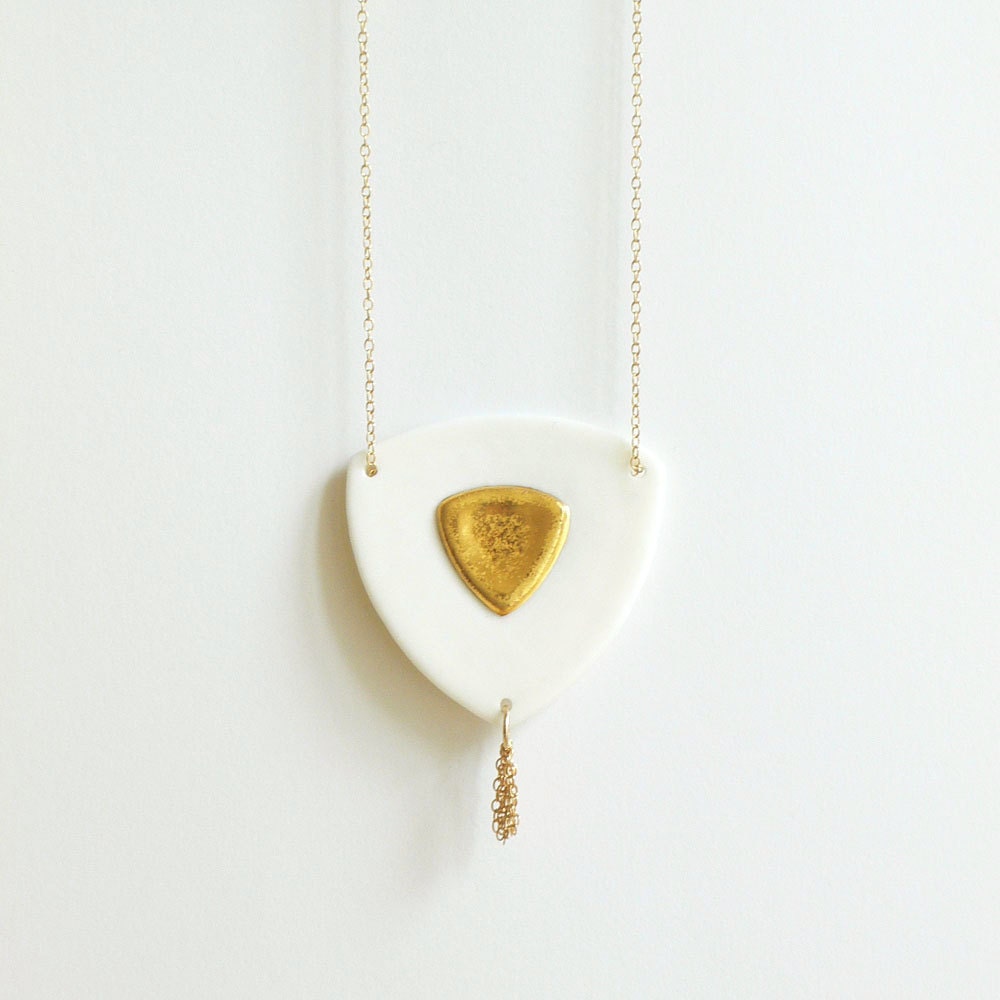 C l a r a - Feminine long necklace with tassel - White porcelain & handpainted fine gold - Modern geometric jewelry