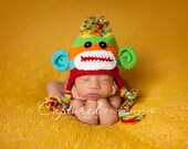 Baby Boy Hat CUTE Newborn Baby Boy or Girl Colorful  Crochet knit Sock Monkey Hat With Ear Flaps  0-3 months available now