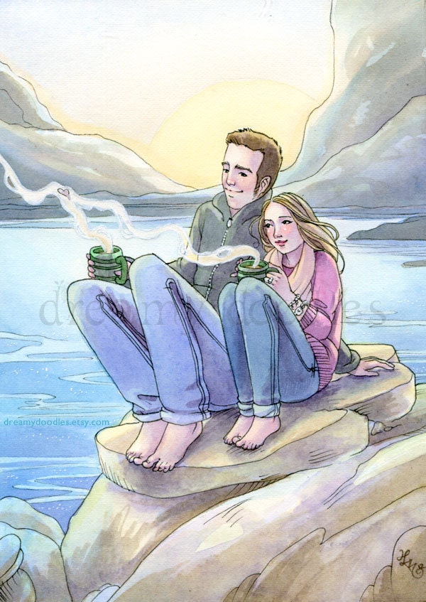 Custom Engagement Portrait - 5x7 - Couple Wedding Gift Art in Watercolor