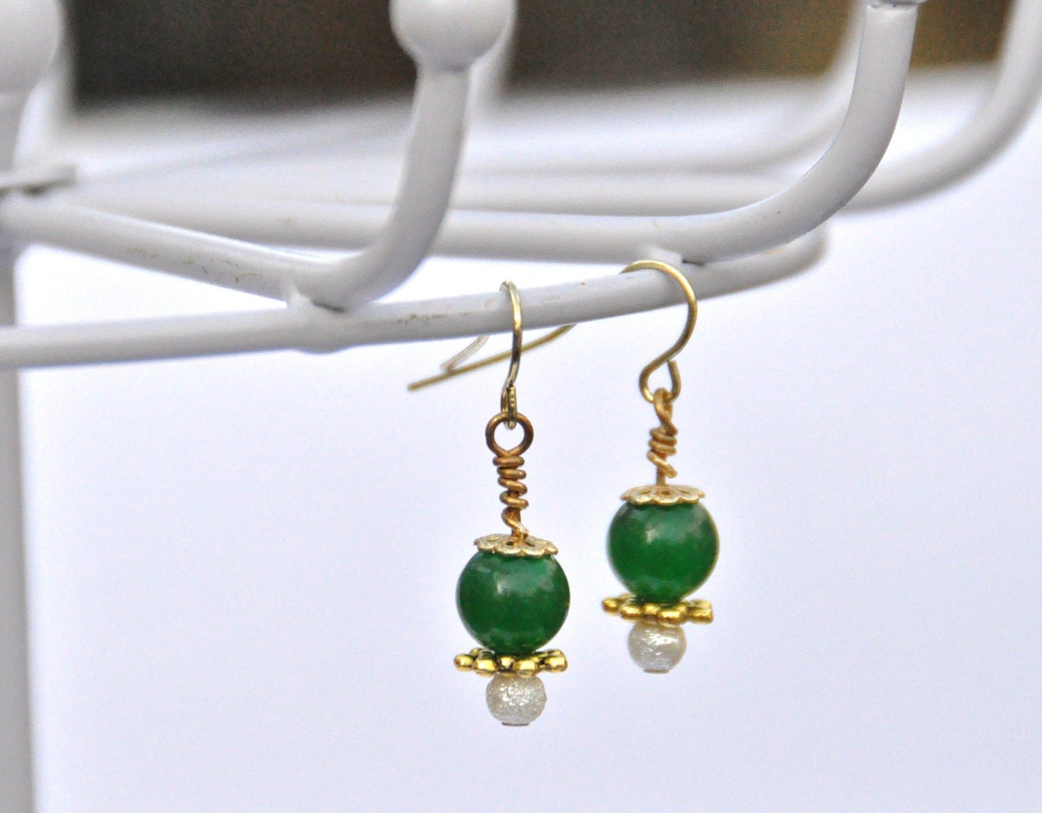 Green Bead Victorian Style Earring - Mother's Day, glass bead, earrings, gold, small