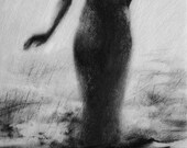 Haunting Figure Drawing Gothic Moody Dark Shadow Crayon Wading Water Fog Fine Art Wander IX