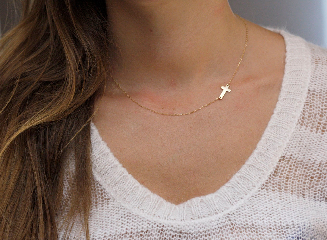 Sideways Cross Necklace,  Gold Kelly Ripa Sideways Necklace 14kt Gold Filled - FREE SHIPPING