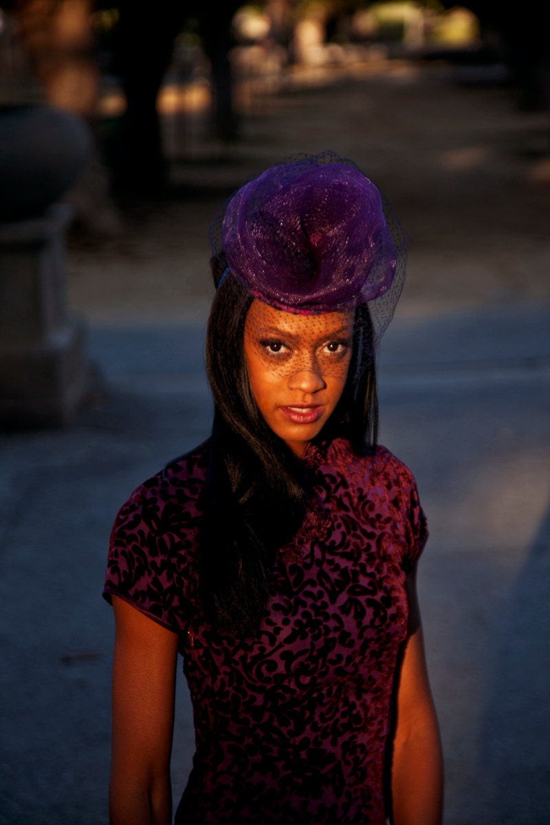 Purple and Navy Birdcage Cocktail Hat with Lace Base and Fuschia Jewel - The PRINCESS KATE