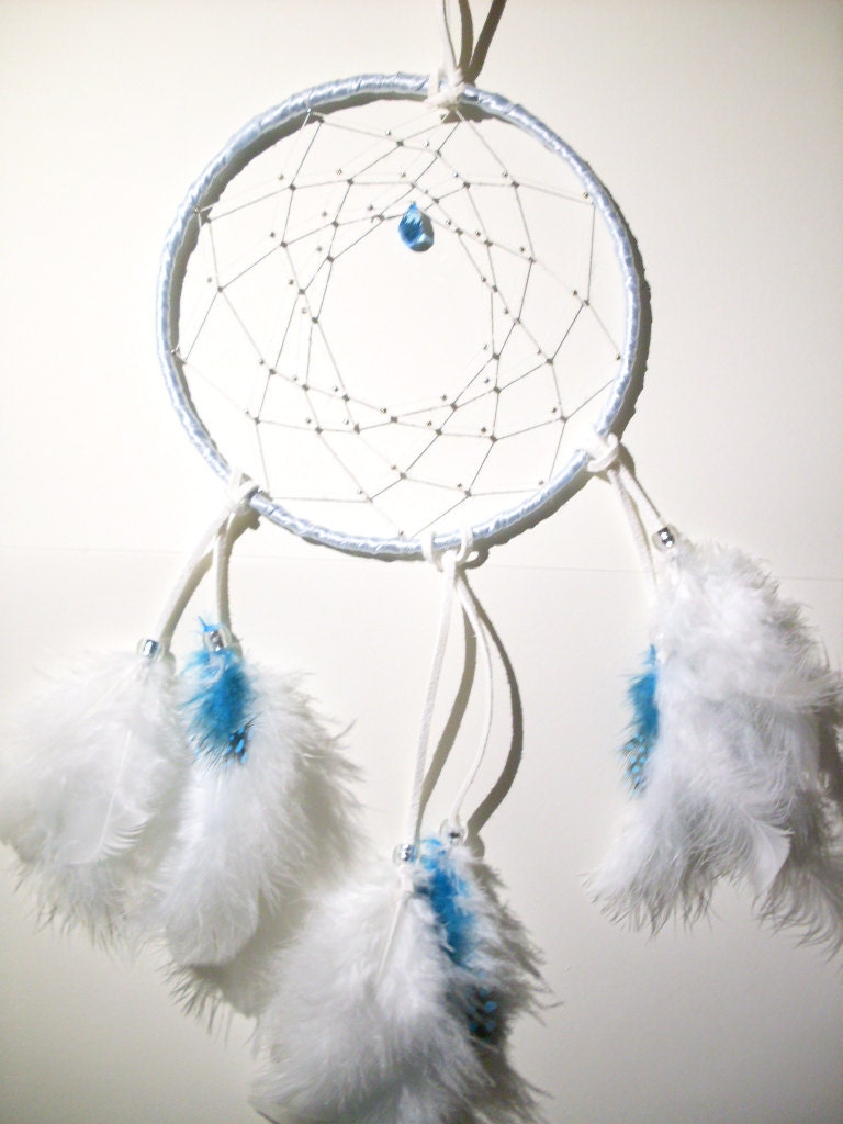 Dreamcatcher Blue and White tones , with Seed Beads, Crystal, Handmade and Unique, southwestern,tribal, hippie, boho