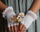 White Lace Crochet Mittens Weddings - Anazie