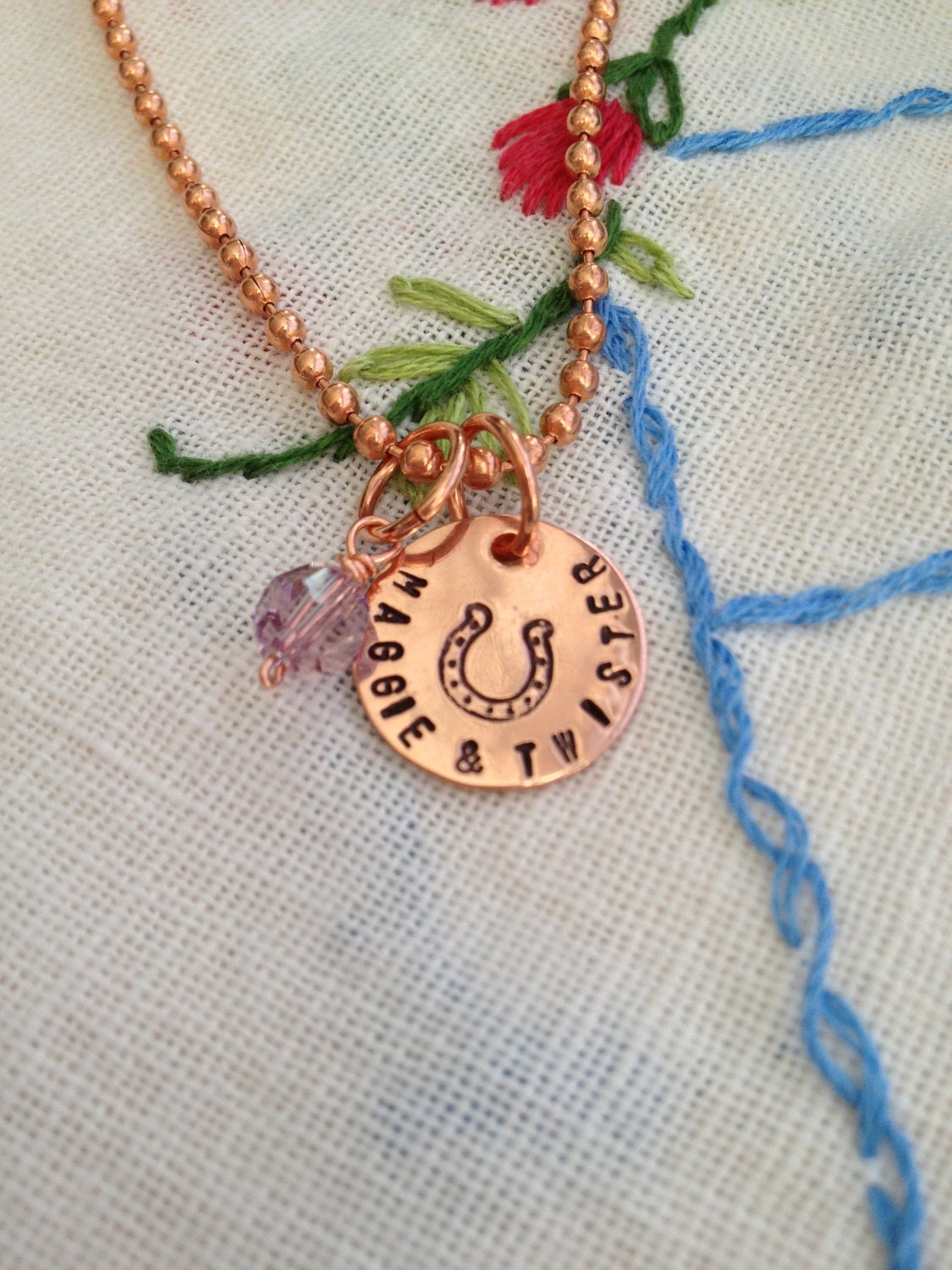 Horse Lovers Personalized Copper Hand-Stamped Custom Horseshoe Name Engraved Charm Necklace with Birthstone (ball chain) by RedHorses