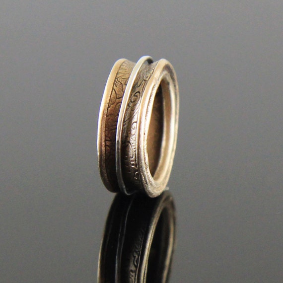 Golden Bronze Spinner Ring with Floral texture , Silver band - KeshiJewelry