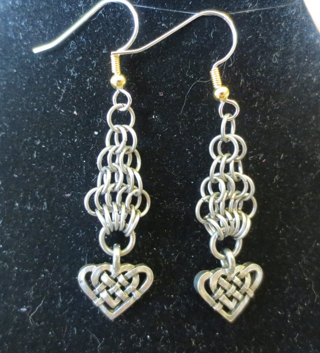 Stainless Steel Chainmail Celtic Hearts Earrings. Pewter Hearts. Valentines Day. Love. Chainmaille. Affordable Gifts For Her.