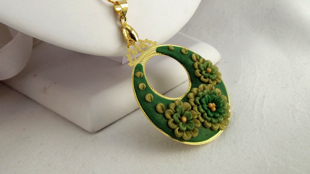 Green and Gold Necklace Clay Embroidery Polymer Clay Jewellery Unique Necklace
