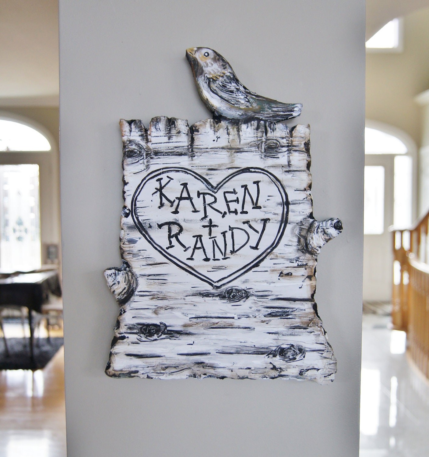 Birch Bark Tree Stump with carved Initials Names Sweetheart PlaquePersonalized Carved Heart in Tree Keepsakes Tile - Weddings, Anniversaries