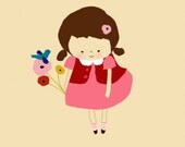 Little Love Of Mine - little girl, new baby, nursery art,  reading, fairy tales, children's room, library, pink, drawing custom art