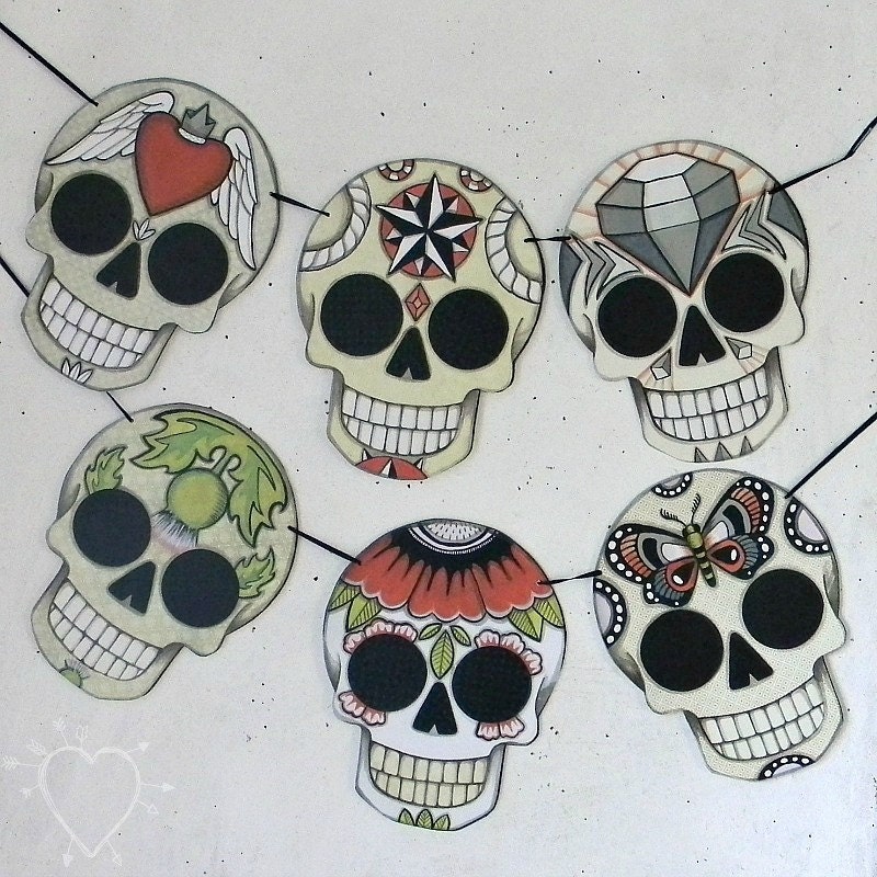 DOTD Halloween Sugar Skull Banner Garland Bunting Ornaments Decoration Original Folk Art  DIY