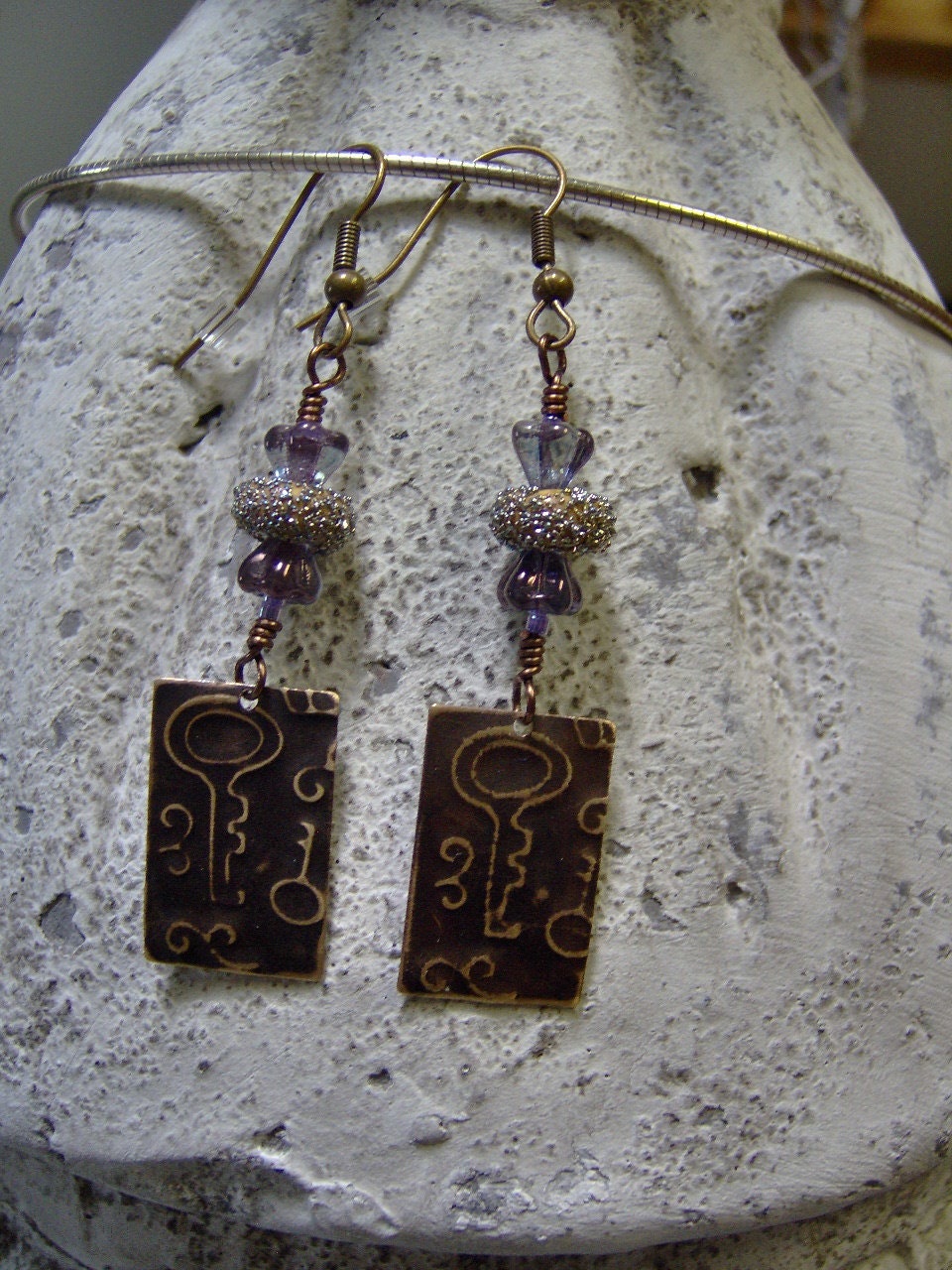 Embossed Brass Vintaj Vintage Key Style Artisan Lampwork Beaded Earrings