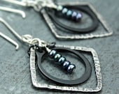Diamond Hoop Earrings - Hammered Silver with Black Steel and Pearls