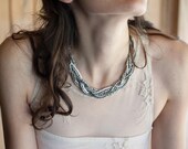 Necklace - Short Silver Choker - Braided Beaded Mixed Metal Statement Necklace Adjustable -OOAK