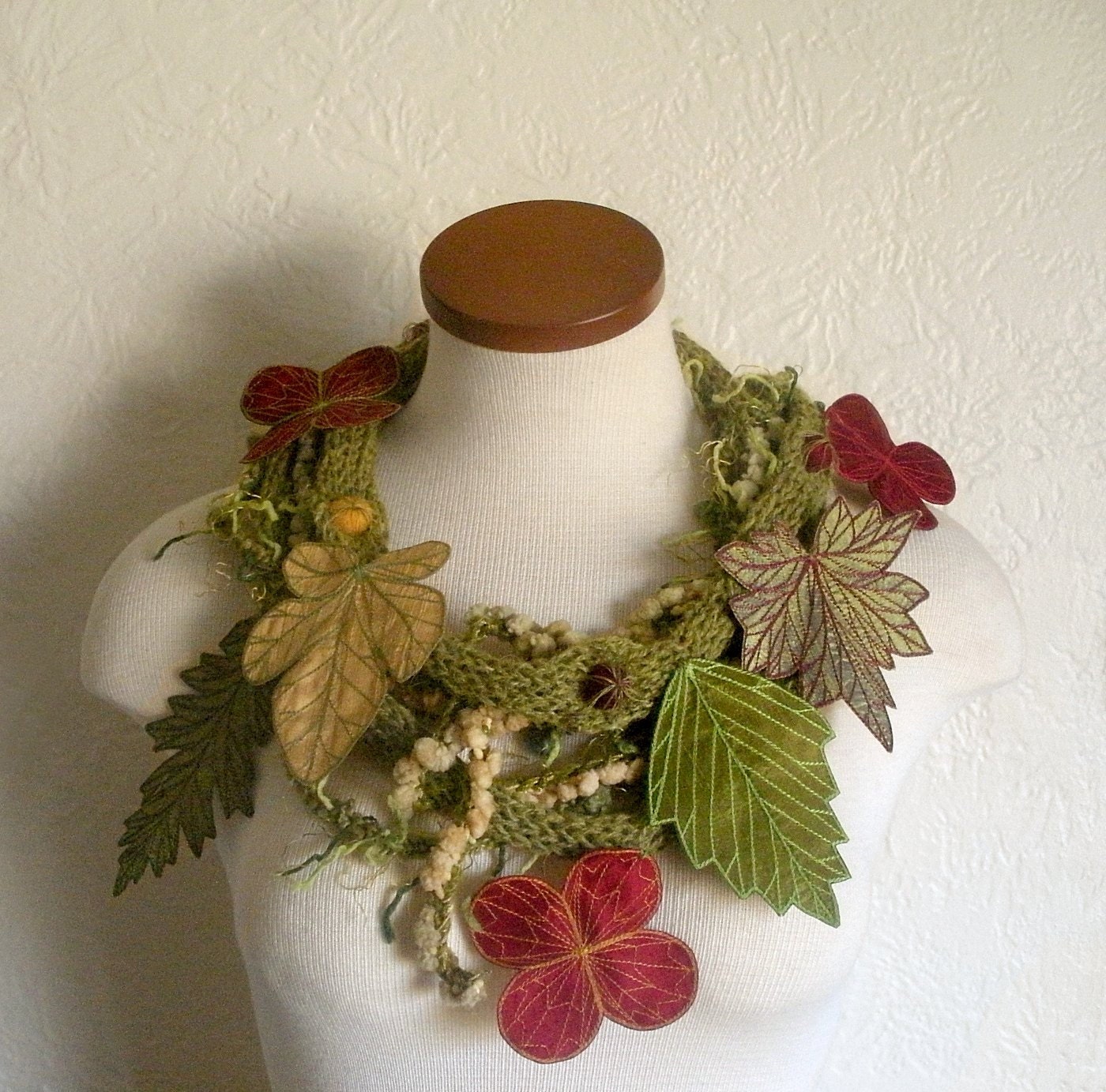 Leaf Scarf- Tweedy Avocado Green with Golden Yellow, Olive Green, and Brick Red Embroidered Leaves- Fiber Art Scarf