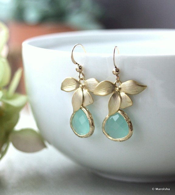 Gold Filled. A Matte Gold Orchid Flower Mint Opal Glass Framed Jewel Gold Filled Earrings. Gift For Her. Bridesmaid Gifts. Gifts For Wife.