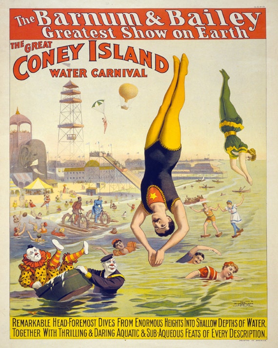 Vintage Circus Poster "The Great Coney Island" Vintage Americana Carnival Print - Moustache Man Acrobat - Victorian Carnival