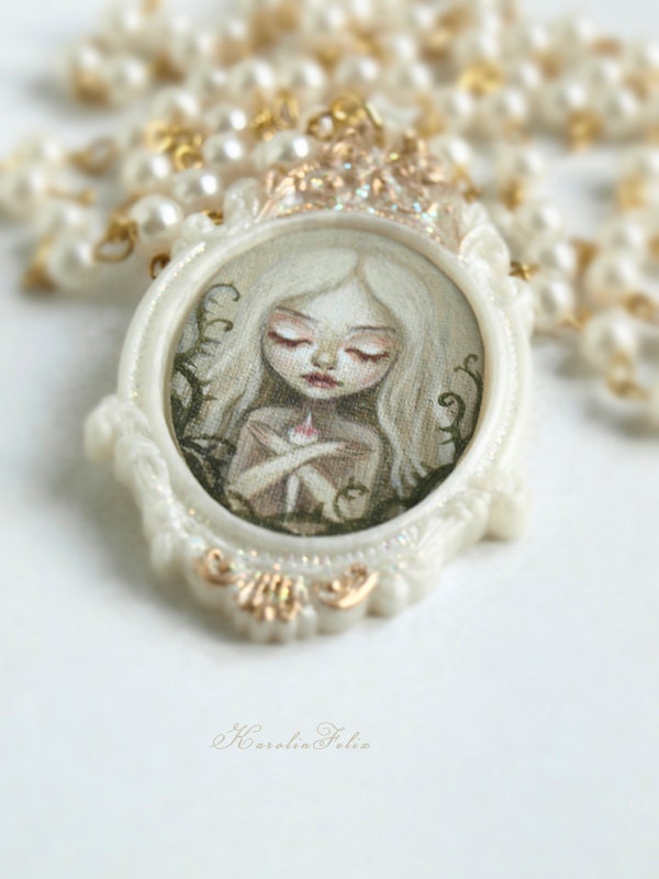 Sleeping Beauty. wearable art. fairy tale cameo necklace pendant with original painting by KarolinFelix