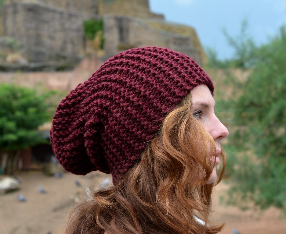 Hand Knit Hat Slouchy Knitted Hat Redcurrant Unisex Hat Autumn Hat
