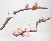 Modern Bird Mobile - Baby Nursery Decor - fabric sculpture on yarn wrapped branches in pink, clementine orange, white and grey