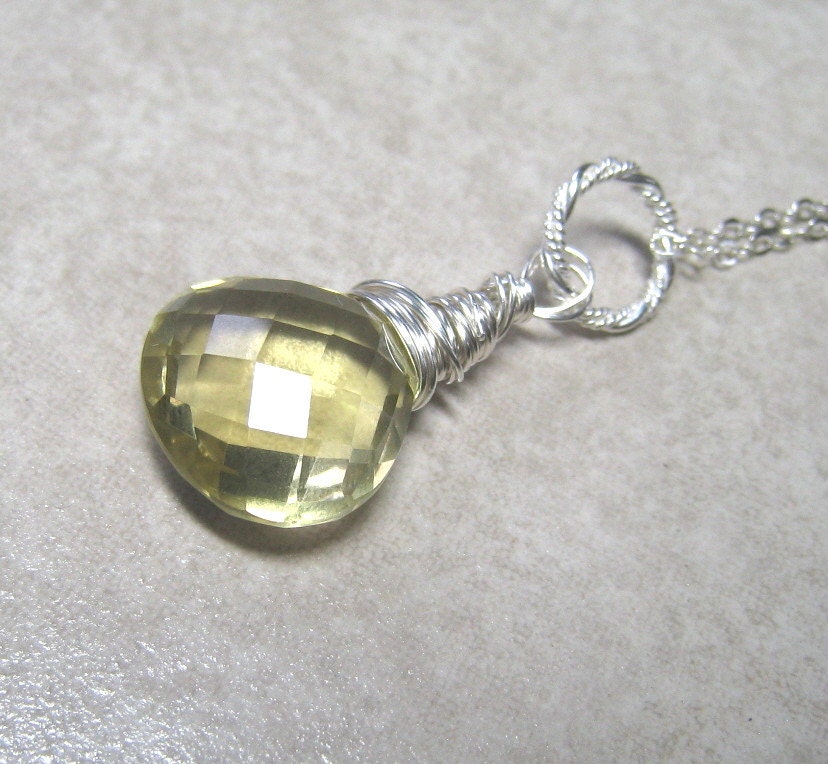 Lemon Quartz Necklace,  Wire Wrapped Yellow Necklace,  Sterling Silver